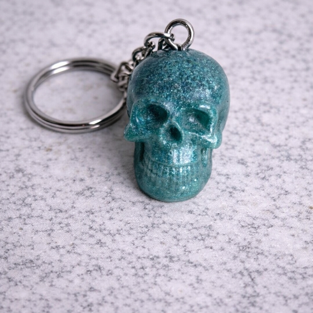 Handmade Resin Teal Skull Head  Keychain